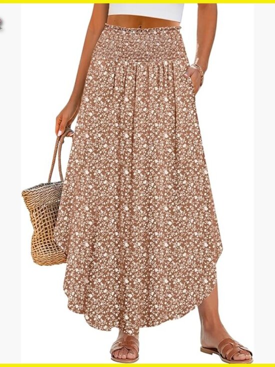 Dresses & Skirts - Boho Floral Maxi Skirt High Waisted Flowy Swing Pleated Beach Long Skirt with